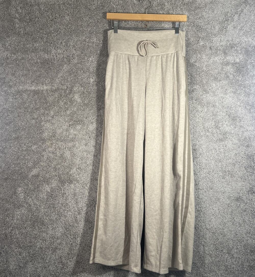 Halara Womens M Beige Ribbed Knit High Waist Side Stripe Wide Leg Lounge Pants